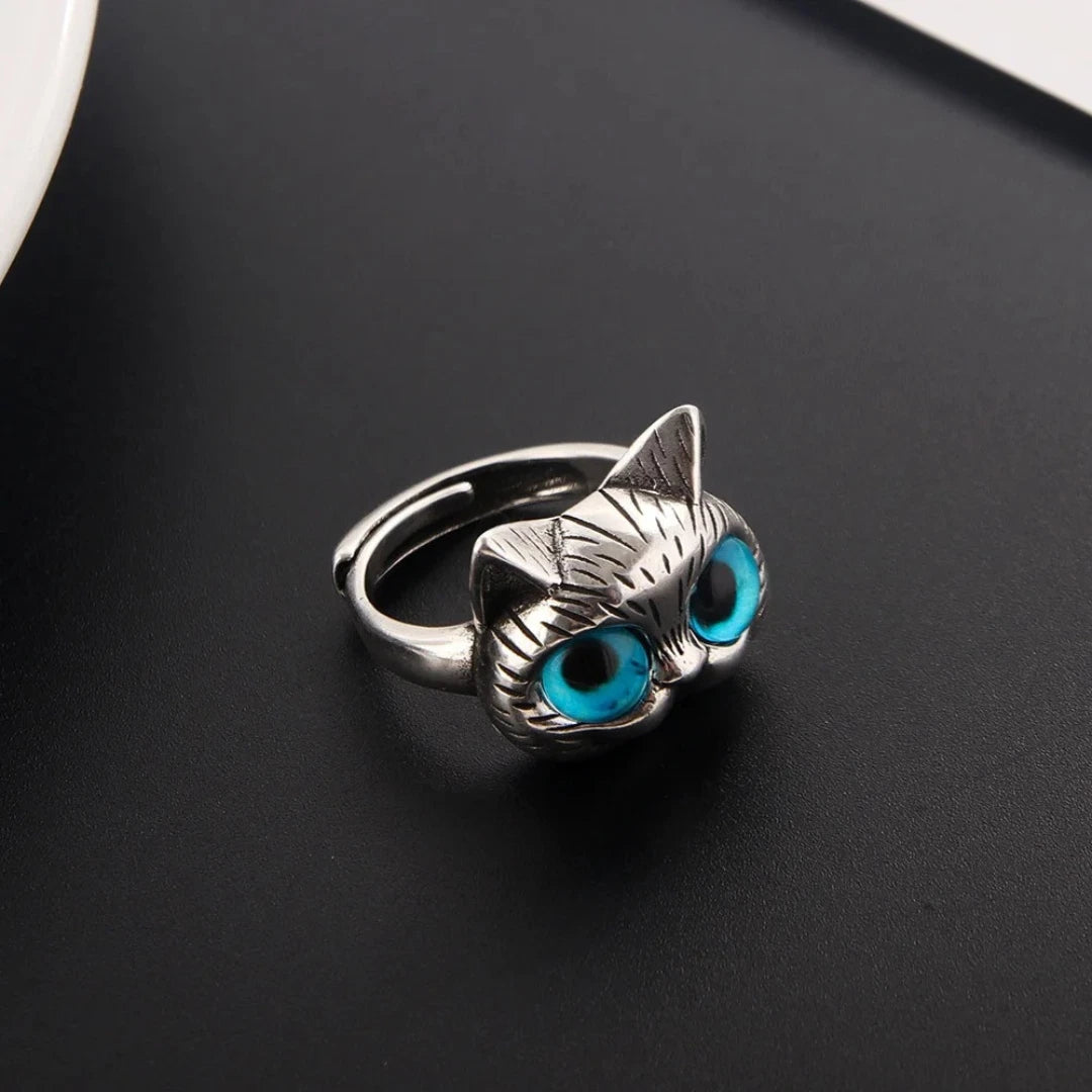 Silver Cat Ring for Women | Adjustable Blue Eye Cat Face Ring | Cute Animal Jewelry Gift for Cat Lovers UK