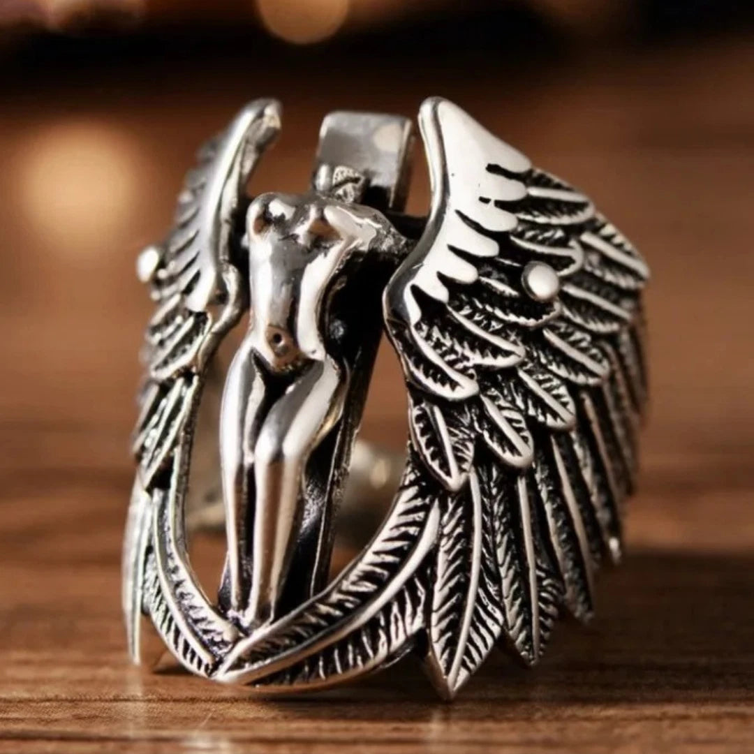 Men’s Adjustable Angel Wing Biker Ring | Retro Gothic Feather MC Ring with Naked Woman Design | Punk Statement Jewelry