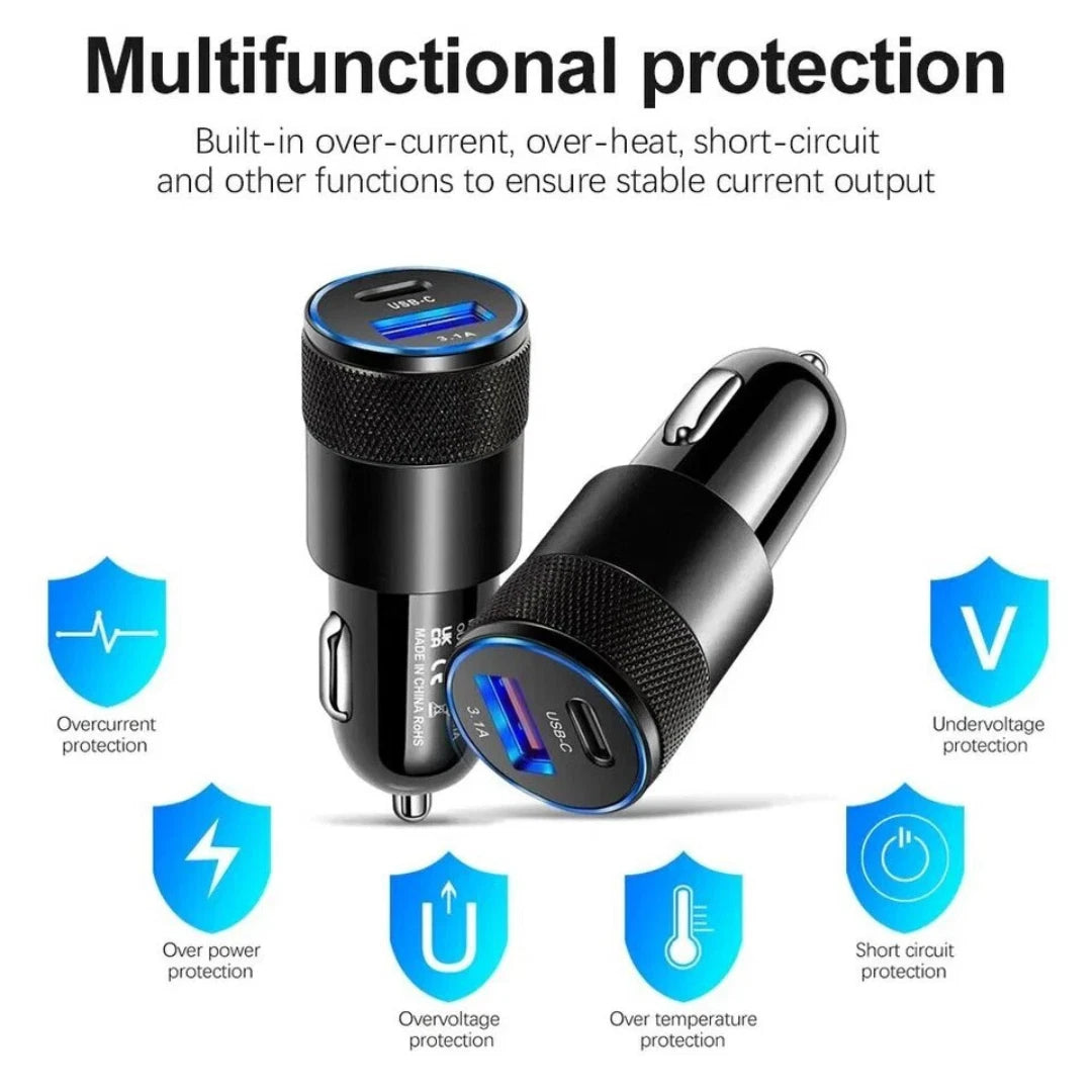 Fast Car Charger Dual USB Port | Type-C + USB-A 3.1A Adapter | Quick Charge 3.0 for iPhone, Samsung & Universal Devices