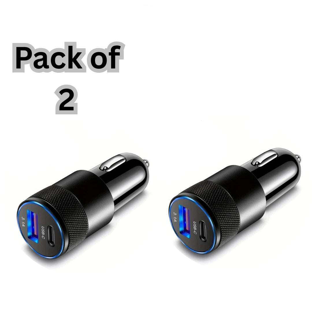 Fast Car Charger 2-Pack | Dual USB Port (USB-C + USB-A 3.1A) Quick Charge 3.0 | Universal Adapter for iPhone, Samsung, Android
