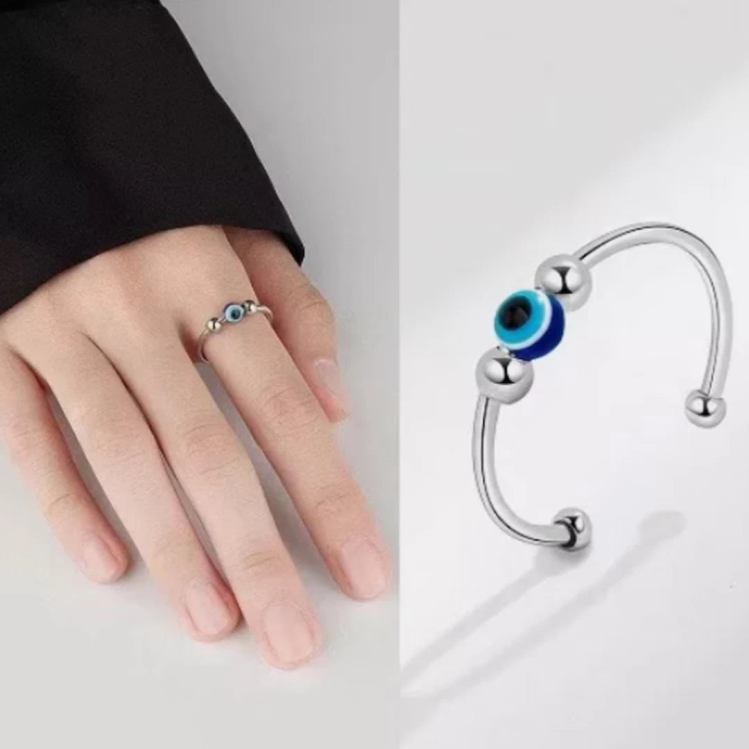 Anti-Anxiety Evil Eye Spinner Ring – Adjustable Fidget Bead Ring for Stress Relief & Positivity