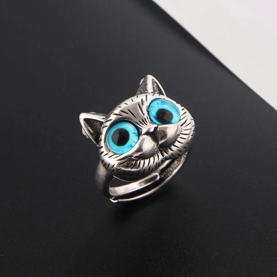 Silver Cat Ring for Women | Adjustable Blue Eye Cat Face Ring | Cute Animal Jewelry Gift for Cat Lovers UK