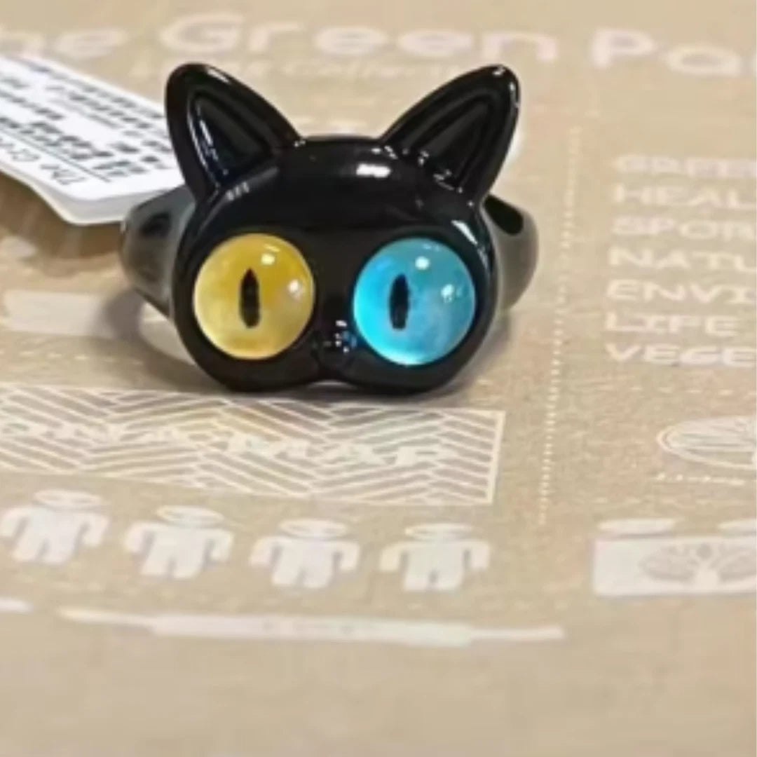 Adjustable Cat Eye Ring for Women | Black Cat Fashion Ring with Blue & Yellow Eyes | Cute Gothic Kawaii Jewelry Gift