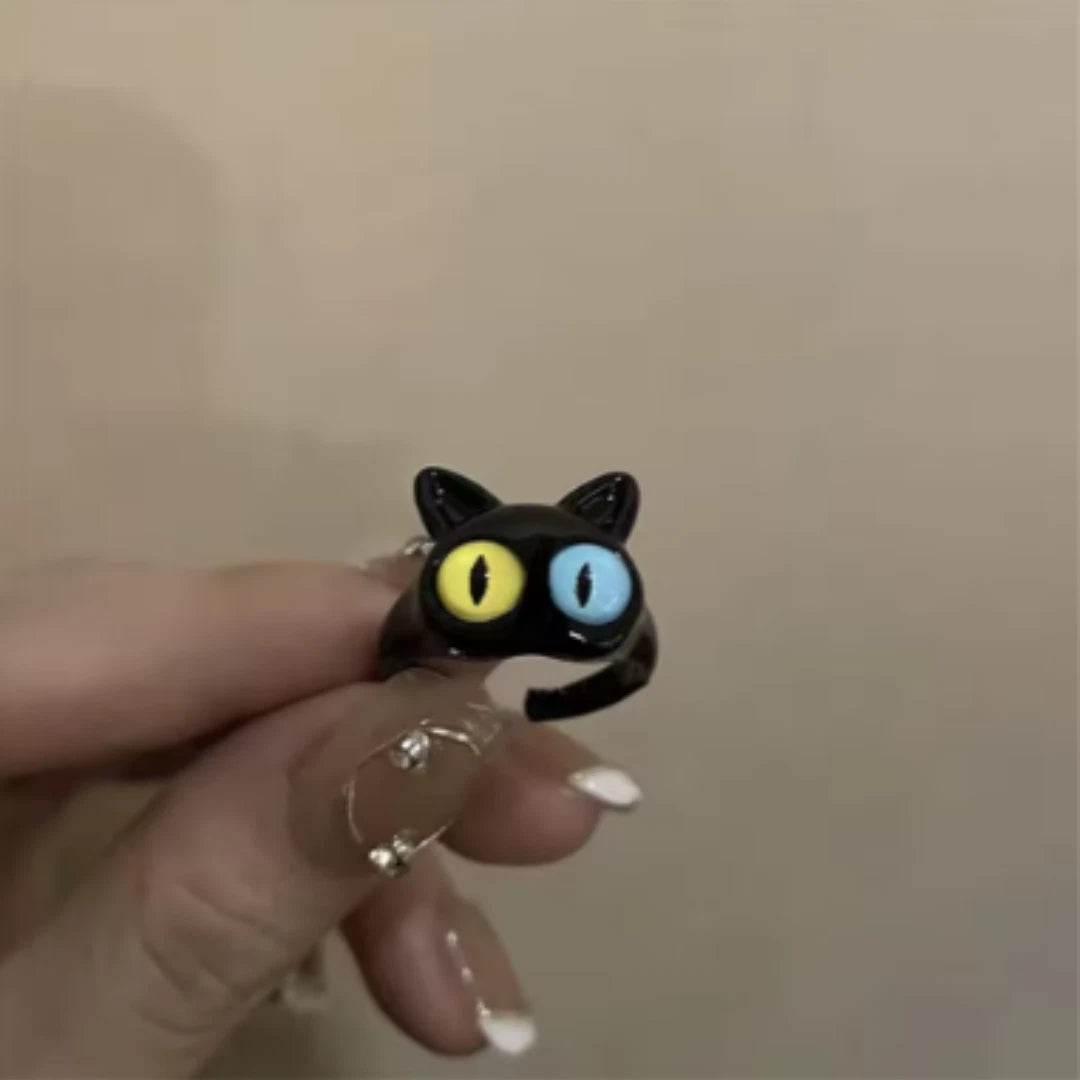 Adjustable Cat Eye Ring for Women | Black Cat Fashion Ring with Blue & Yellow Eyes | Cute Gothic Kawaii Jewelry Gift