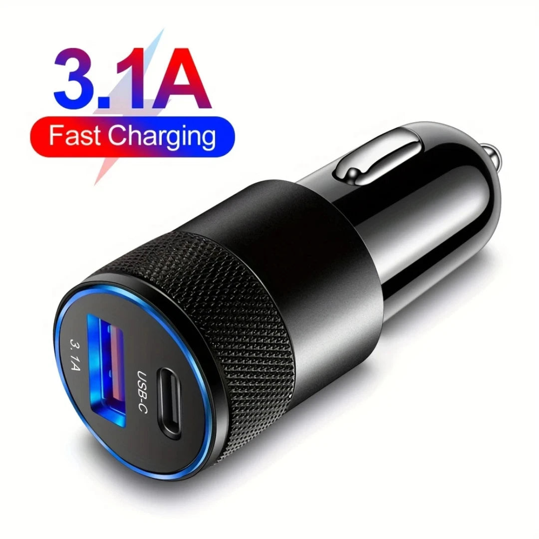 Fast Car Charger Dual USB Port | Type-C + USB-A 3.1A Adapter | Quick Charge 3.0 for iPhone, Samsung & Universal Devices