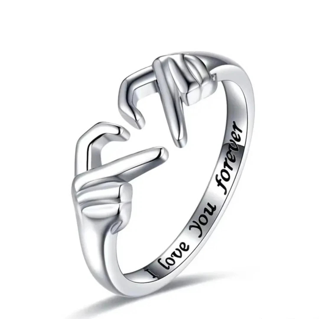 I Love You Forever Hugging Hands Open Ring | Adjustable Promise Ring for Her or Him | Romantic Heart Hand Jewelry Gift UK