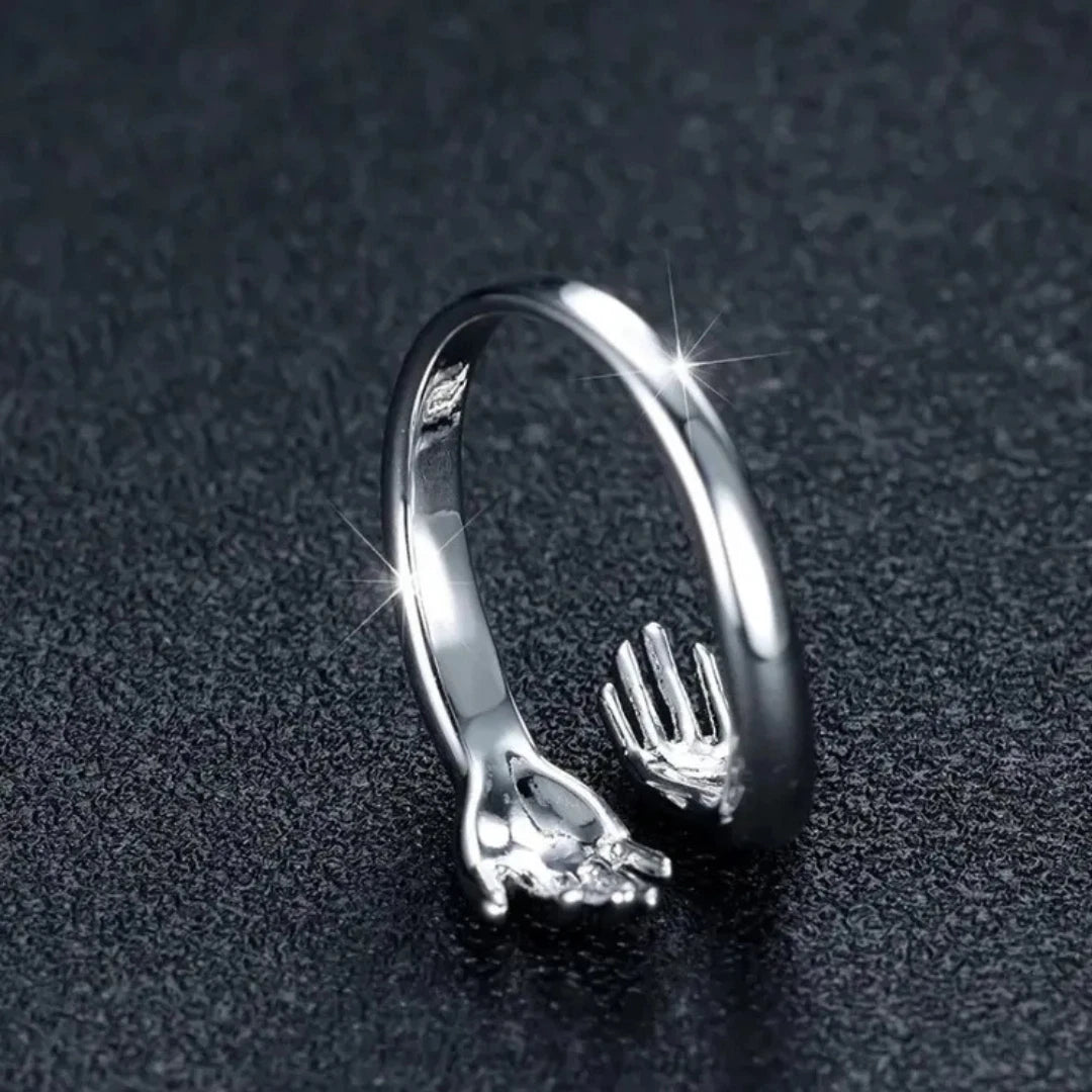 Adjustable Silver Hug Ring | Love Embrace Open Ring for Women & Men | Friendship, Couple, and Family Gift Jewelry