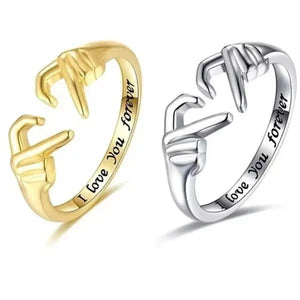 I Love You Forever Hugging Hands Open Ring | Adjustable Promise Ring for Her or Him | Romantic Heart Hand Jewelry Gift UK