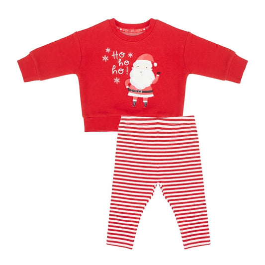 Baby Santa Christmas Outfit – Red “Ho Ho Ho” Sweatshirt & Striped Leggings Set