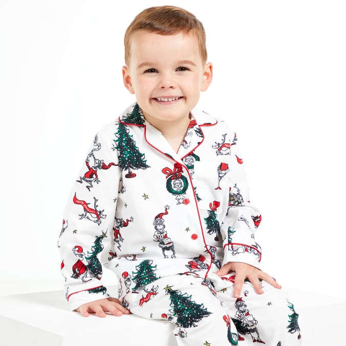 Kids Grinch Christmas Pajama Set – White Holiday Print Sleepwear