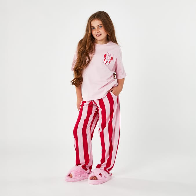 Kids Minnie Mouse Pink Striped Pajama Set – Soft Cotton Sleepwear for Girls