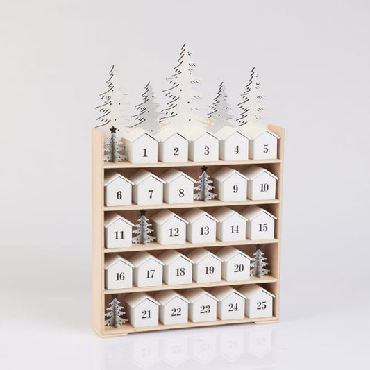 Wooden Christmas Advent Calendar with Numbered House Drawers & Forest Scene