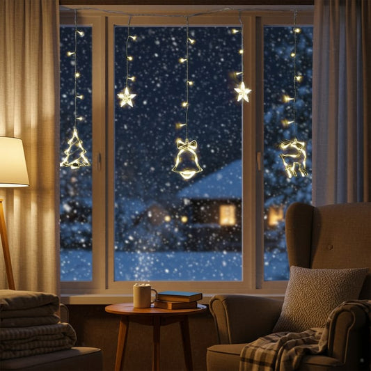 LED Christmas Window Curtain Lights with Hanging Shapes – Star, Tree, Bell & Reindeer