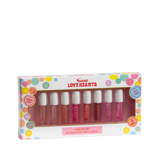 Swizzels Love Hearts Lush Lips Set – 8 Intense Glitter Mini Lip Balms