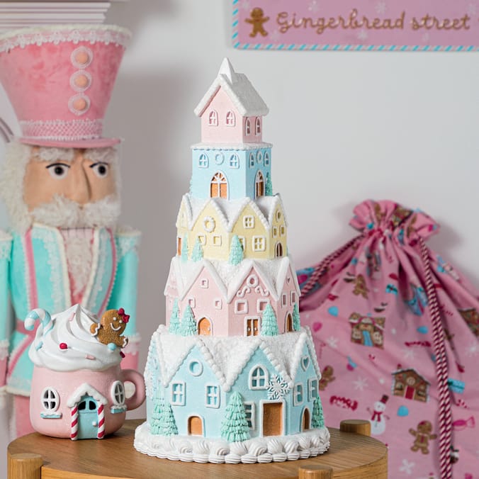 Pastel Gingerbread House Tower – Tiered Candy Christmas Village Decoration