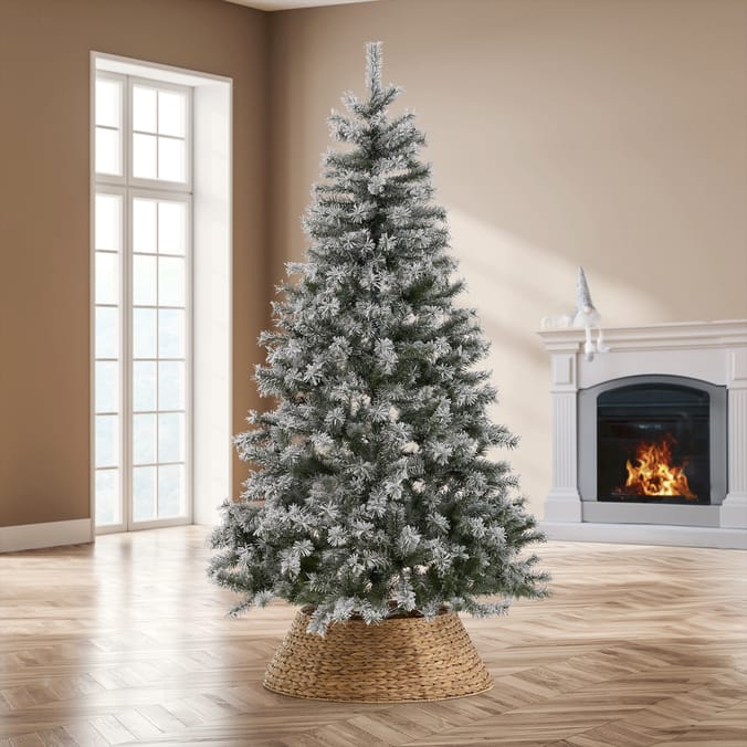 Snow-Flocked Artificial Christmas Tree with Woven Basket Base