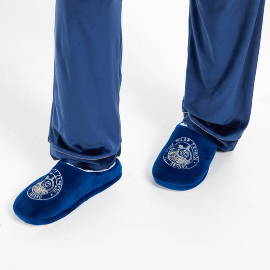 Polar Express Blue Plush Slippers – Cozy Christmas House Shoes for Adults
