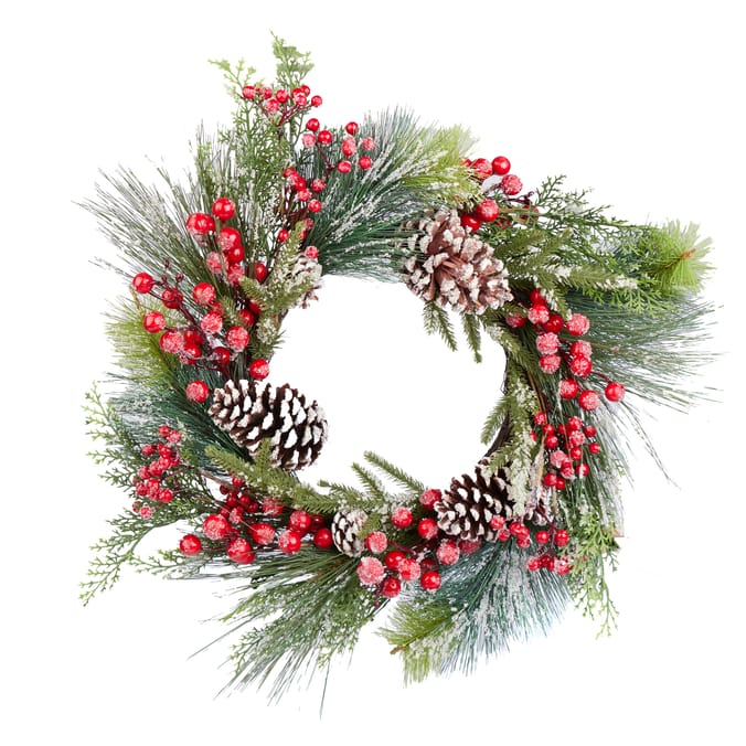 Frosted Pine & Red Berry Christmas Wreath with Snow-Kissed Pinecones – 24"