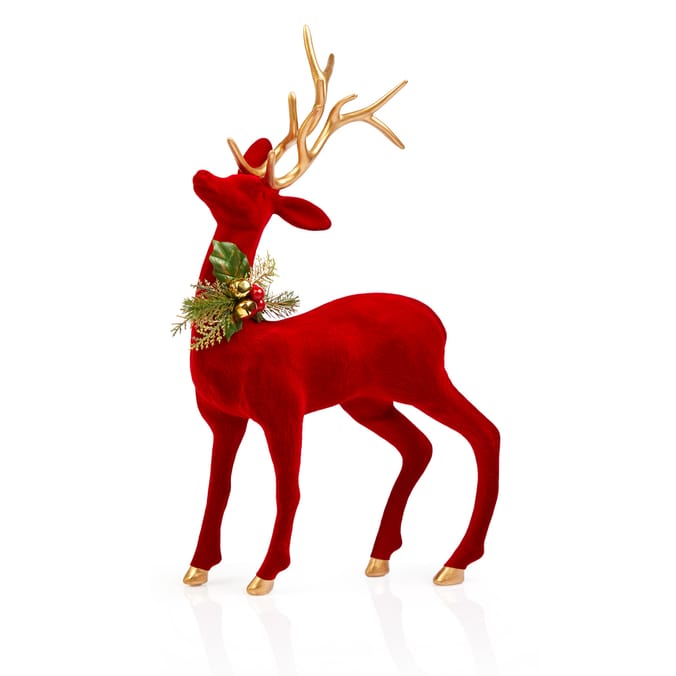 Velvet Christmas Reindeer Figurine with Gold Antlers – Elegant Holiday Décor