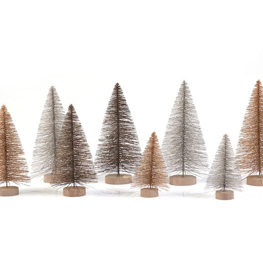 Assorted Bottle Brush Christmas Trees with Wooden Bases – Set of Decorative Mini Trees