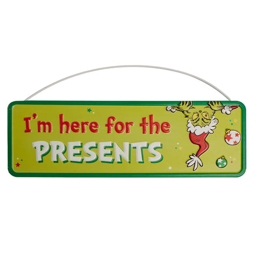 “I’m Here for the Presents” Grinch Hanging Sign – Funny Christmas Wall Décor