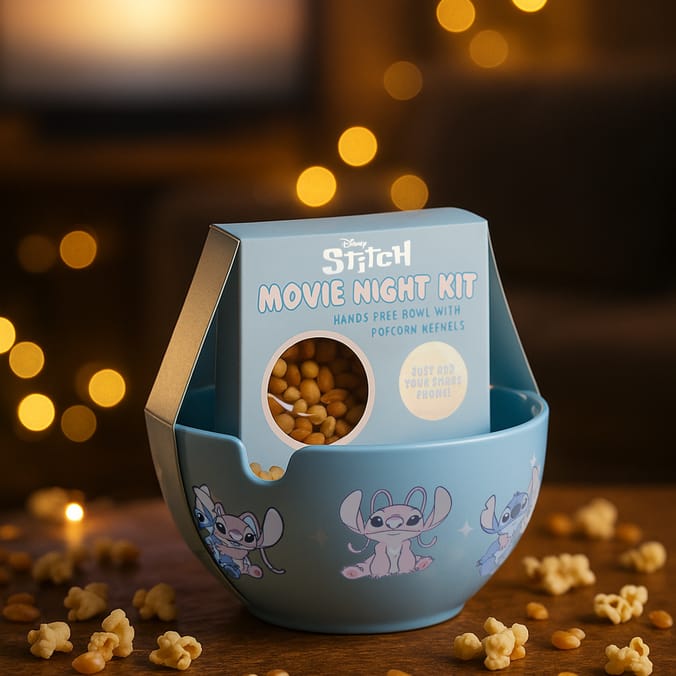 Disney Stitch Movie Night Kit – Hands-Free Snack Bowl with Popcorn Kernels Gift Set