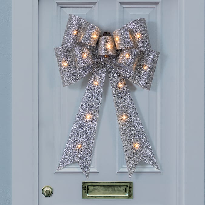Festive Feeling Battery Operated Light-Up Christmas Bow - Silver