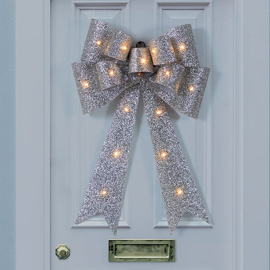 Festive Feeling Battery Operated Light-Up Christmas Bow - Silver