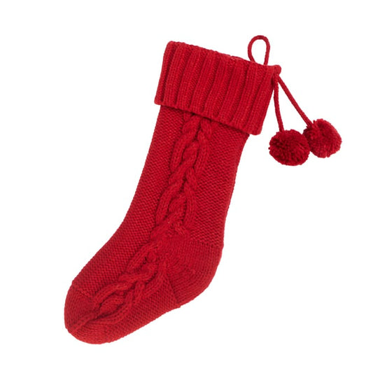 Knitted Christmas Stocking with Pom-Poms – Red & White Holiday Mantel Decoration