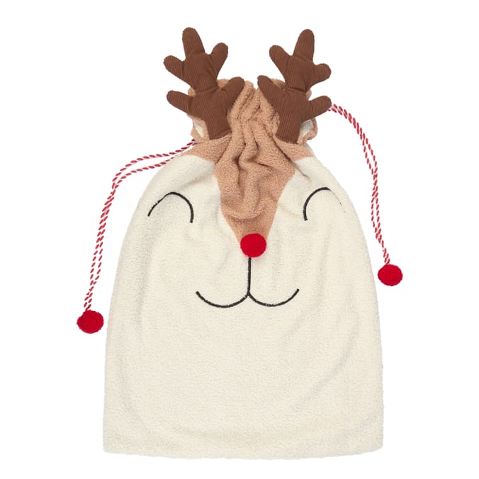 Reindeer Christmas Gift Sack with Drawstring – Soft Plush Holiday Gift Bag