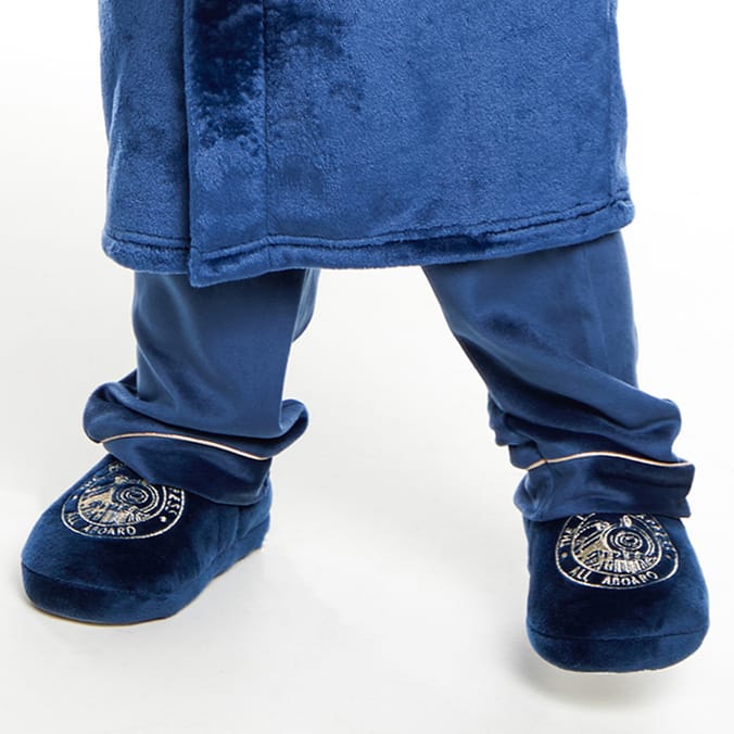 Polar Express Blue Plush Slippers – All Aboard Embroidered Cozy House Shoes