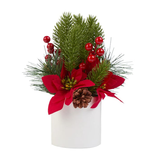 Artificial Poinsettia & Pine Christmas Arrangement in White Pot