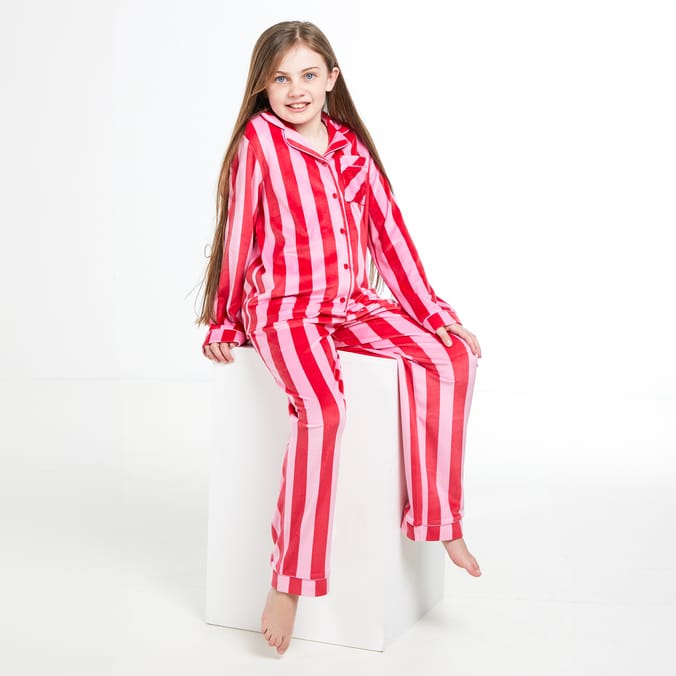 Girls Red & Pink Striped Christmas Pajama Set – Soft Candy Cane Winter Sleepwear