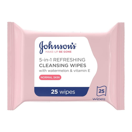 Refreshing 5-in-1 cleansing wipes with watermelon and vitamin E, designed to gently remove makeup and cleanse normal skin.