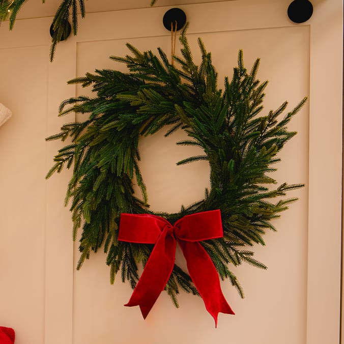 Classic Evergreen Christmas Wreath with Red Velvet Bow