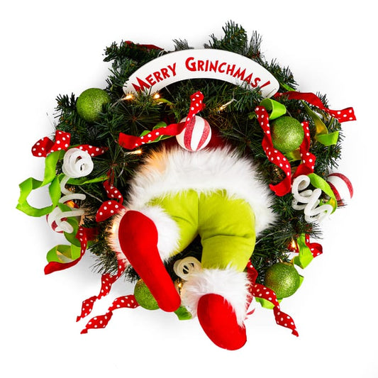 “Merry Grinchmas” Holiday Wreath with Whimsical Character Legs
