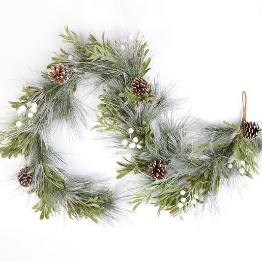 Frosted Pine & Mistletoe Winter Garland with Pinecones – 6 ft