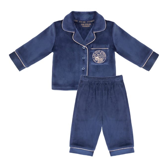 Kids Polar Express Navy Velour Pajama Set – Official All Aboard Christmas Sleepwear