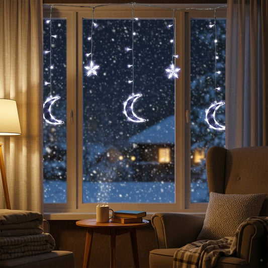 LED Moon & Star Window Curtain Lights – Warm White Hanging Christmas & Home Decoration