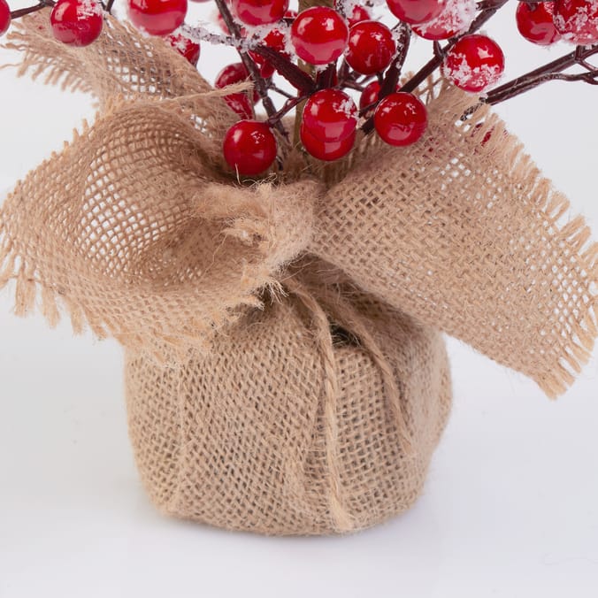 Tabletop Faux Berry Christmas Arrangement with Burlap Base – Holiday Decor Accent