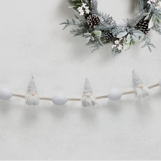 White Gnome & Snowball Christmas Garland – Soft Winter Nordic Holiday Decor