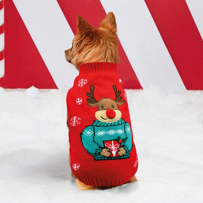Reindeer Christmas Dog Sweater – Festive Red Knit Jumper for Pets