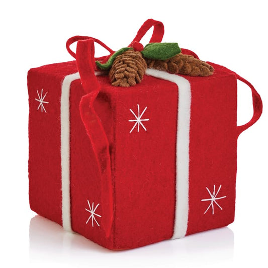 Felt Christmas Gift Box Decoration with Pinecones & Ribbon – Red & White Holiday Display Box