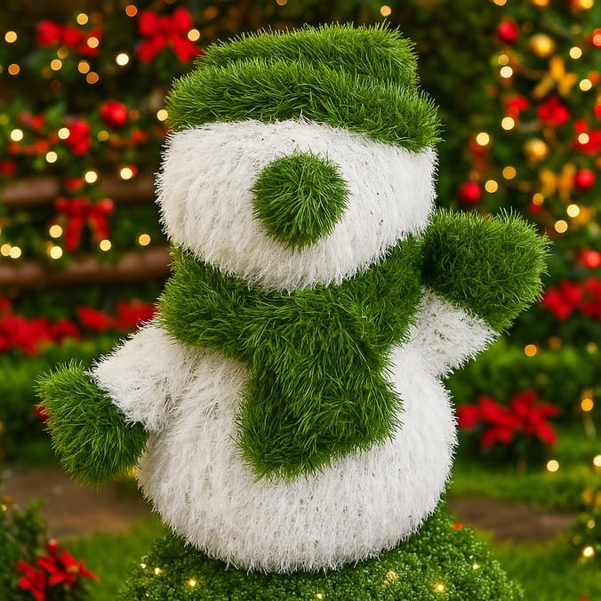 Fuzzy Green & White Snowman Christmas Decoration – Indoor/Outdoor Holiday Figure