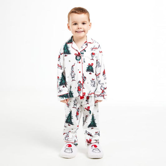 Kids Grinch Christmas Pajama Set – White Holiday Print Sleepwear