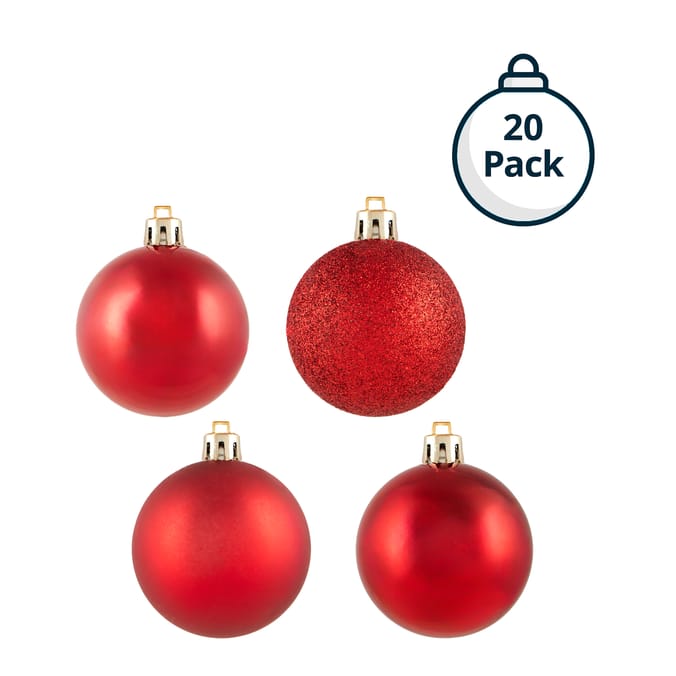 20-Pack Christmas Tree Bauble Set – Assorted Shatterproof Ornaments with Glossy, Matte & Glitter Finishes