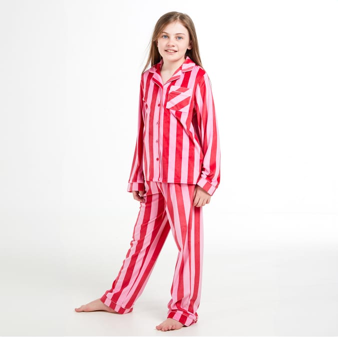 Girls Red & Pink Striped Christmas Pajama Set – Soft Candy Cane Winter Sleepwear