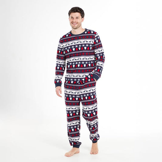 Men’s Navy Red Christmas Reindeer Pajama Set – Soft Winter Knit Loungewear