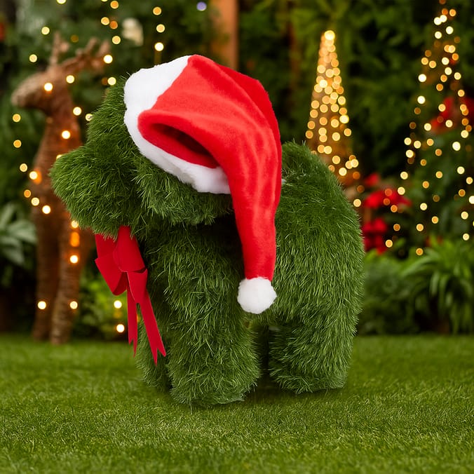 Fuzzy Green Elephant Christmas Decoration with Santa Hat – Indoor/Outdoor Holiday Figure