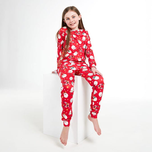 Girls Red Christmas Pajama Set – Festive Santa Print Holiday Sleepwear